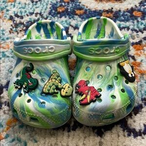 CROCS Toddler Tie-Dye Green, Blue & White Classic Clogs